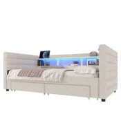 SONNENH Enojna postelja, 90 x 190 cm, žamet, bež, 202 x 109 x 72 cm, led osvetlitev, predali za shranjevanje, za spalnico