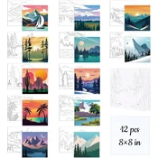 Nikcorp Slikarska platna z natisom komplet 12 kos 20x20 cm za akrilne barve, prednane konture, motivi narava pokrajine flora favna sadje za otroke 3-8 let in začetnike