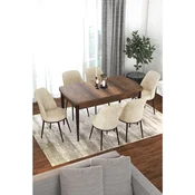 Hanah Home trpezarijski set Via, sto na razvlacenje i 6 stolica, ploca u dekoru drveta Baroque, krem tkanina Jerry