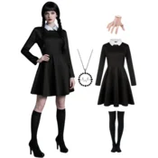 Widmann Ženski kostim Wednesday Addams, Prerušavanje za Noc vještica, crna retro haljina s bijelim ovratnikom i manšetama, set s Raczkom i podkoljenicama, poliester, velicina XS