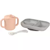 Set za jelo sa šalicom i žlicom Silicone learning set Béaba za bebe za samostalno ucenje hranjenja od 8 mjes ružicasti