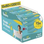 Pampers Fresh Clean Baby otroški čistilni robčki, 15 pakiranj = 1.200 robčkov