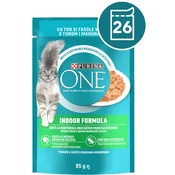 Purina ONE INDOOR FORMULA mokra hrana za odrasle mačke, mini fileti s tuno in stročjim fižolom, 26x85g
