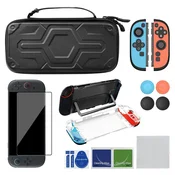 Nikcorp Zaščitni etui komplet za Nintendo Switch 2 torbica s polikarbonatnim vložkom, EVA pena, PU tkanina, kaljeno steklo 9H, oleofobni premaz, 2x JoyCon etui in 4x prevleke za joysticke, komplet črna