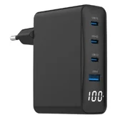 Univerzalni polnilnik 100W GaN, 1xUSB-A, 3xUSB-C, LCD, črn