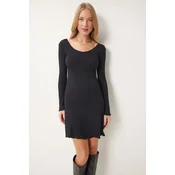 Happiness Istanbul Womens Black V Neck Ribbed Bell Knit Dress