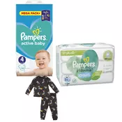 Pampers Pelene Active baby 4, MB, 9-14 kg, 132/1+Pampers Vlažne maramice Harmonie, 3x48 komada+DeFacto Pidžama za decake, Tamnosiva