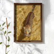 WallXpert uramljena MDF slika NAL037-70, leopard hoda kroz plitku vodu u zlatnim tonovima, 50 x 70 cm