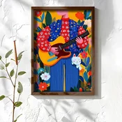 WallXpert uramljena MDF slika NAL013-46, muzicar u cvetnom džemperu svira gitaru medu cvecem, sa belom mackom, 35,5 x 47 cm