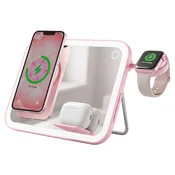 Forcell F-ENERGY Mag Mirror 3 u 1 bežicni punjac od 15 W kompatibilan s MagSafe ružicaste boje