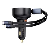 Baseus Enjoyment Pro 60W punjac za automobil, USB tip-A + USB tip-C / iPhone kabel koji se automatski uvlaci, crni