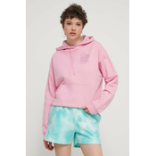 Bombažen pulover HUGO ženski, roza barva, s kapuco, 50514080