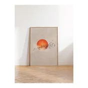 WallXpert uramljena slika 115231, narandžasto sunce i jato ptica na bež pozadini, 50 x 70 cm, ram u boji prirodnog drveta