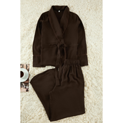 Trendyol Brown Belted Piping Detail Double Breasted Viscose Woven Pajamas Set