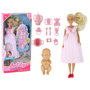 Trudna lutka Anlily u prugastoj roza-bijeloj haljini