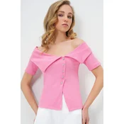 Trend Alacati Stili Ženska bluza kratkih rukava Alc-X13664, Brod izrez, Roze