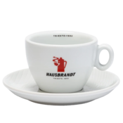 Hausbrandt skodelica s krožnikom za Latte Macchiato z rdečim logotipom 330 ml