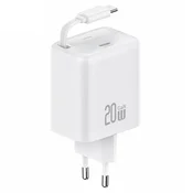 USAMS 20W USAMS GaN Power Delivery stenski polnilnik USB-C bele barve