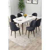 Hanah Home trpezarijski set Rut, sto na razvlacenje i 6 stolica, bela ploca, noge boje oraha, antracit tkanina Babyface