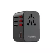 Promate univerzalni adapter - TRIPMATE GAN65 (1xUSB-A, 2xUSB-C, 65W PD, QC3.0, utikač za SAD/UK/EU, crni) TRIPMATE-GAN65