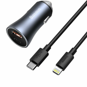 Baseus Golden Contactor Pro brzi auto punjač USB Type C / USB 40 W Power Delivery 3.0 Quick Charge 4+ SCP FCP AFC + USB Type C - Lightning kabel (TZCCJD-B0G): sivi