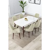 Hanah Home trpezarijski set Lia, sto na razvlacenje i 6 stolica, bela ploca, noge boje oraha, krem tkanina Babyface