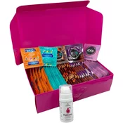 Komplet kondomov z okusom - Tasty pack (72 ks) + lubrikantni gel SE Raspberry 15 ml + silikonske lisice Handcuffs