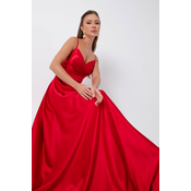 Lafaba Womens Red Rope Strap Satin Long Evening Dress with Waist Belt & Graduation Dress