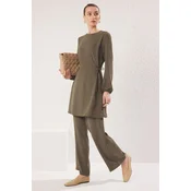 Trendyol Dark Khaki Eyelet Tie Detail Aerobin Tunic-Pants Set