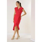 By Saygi Double Breasted Collar Front Flounce Lined Crepe Dress