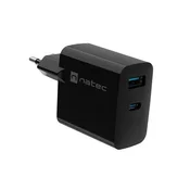 shumee Stenski polnilnik, polnilnik za prenosnike Natec Ribera Gan 1x USB-A + 1x USB-C 45W črne barve