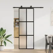 Vidaxl Drsna vrata z opremo črna 76x205 cm kaljeno steklo