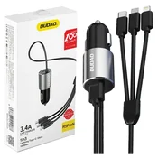 shumee 3v1 USB avtopolnilec + vgrajen Lightning USB-C mikro USB kabel, črn