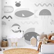 shumee Foto tapeta - Minimalističen siv ocean - geometrijske ribe v vodi za otroke