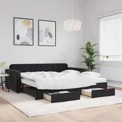 Greatstore Izvlečna dnevna postelja s predali črna 100x200 cm žamet