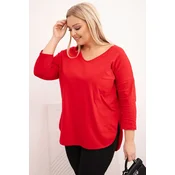 Kesi Womens cotton Plus Size blouse with a V-neck and rolled-up sleeves red