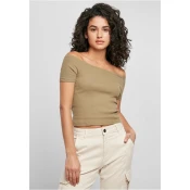 Womens t-shirt in khaki color with a stretched shoulder