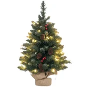 HOMCOM Mini božično drevo z vgrajenimi lučkami, 60 cm, majhno božično drevo z 86 vejami, storži, rdeče jagode, betonska podlaga, božična dekoracija, za dom, notranjost, zelena