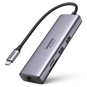 Ugreen 7v1 večfunkcijski USB-C HUB - 2x USB HDMI 4K čitalnik SD in TF kartic USB-C RJ45 1Gbps siv