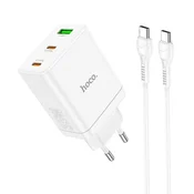 Hoco Mrežni polnilnik za telefon Hoco 2 x USB-C + USB-A QC3.0 PD 3A 35 W + kabel USB-C na USB-C N33, bel