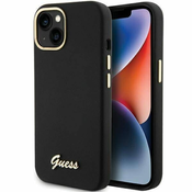 Guess Originalni trdi ovitek APPLE IPHONE 15 Guess Silicone Script Metal Logo & Frame (GUHCP15SSMBSLK) black