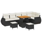 9-dijelni vrtni set sofa s jastučićima Crni Poly Rattan Akacija Vrtna garnitura - 3-dijelni vrtni blagovaonski set s jastučićim