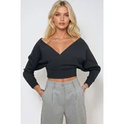 Trend Alaçati Stili Womens Anthracite Front Back V Neck Double Breasted Blouse