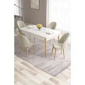 Hanah Home trpezarijski set Roz, sto na razvlacenje i 4 stolice, bela ploca, noge u prirodnoj boji drveta, krem tkanina Babyface