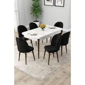 Hanah Home trpezarijski set Rut, sto na razvlacenje i 6 stolica, bela ploca, noge boje oraha, crna tkanina Babyface