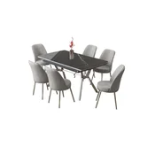 Hanah Home trpezarijski set Poy, sto na razvlacenje i 6 stolica, ploca u dekoru Sonata, hromirane noge, siva tkanina Babyface