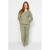 Trendyol Green Waffle Tshirt-Pants Knitted Pajamas Set