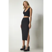 Happiness Istanbul Womens Black Slotted Corduroy Knitted Pencil Skirt