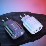 Stenski polnilec Techsuit Premium z USB-A in USB-C priključkom, QC 3.0 in 20W močjo