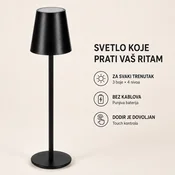 LED stona lampa NERA - punjiva, touch kontrola, 3 boje svetla i 4 nivoa, metalna, crna